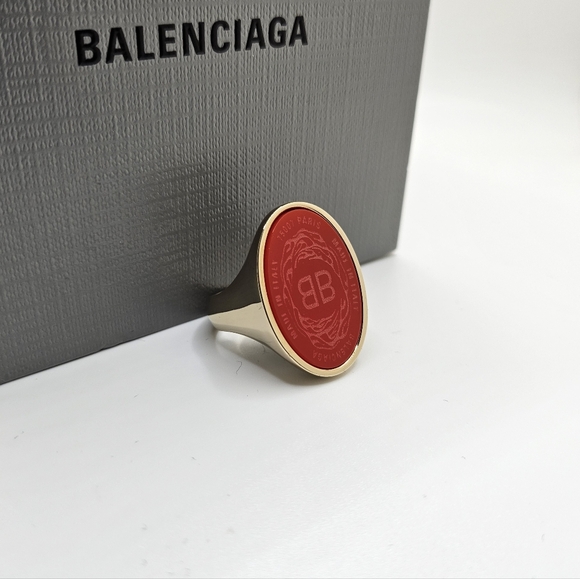 Balenciaga US 9 60 Gold Red Oval Chevaliere Ring Crest Seal Signet Coat Of Arms - Picture 2 of 13